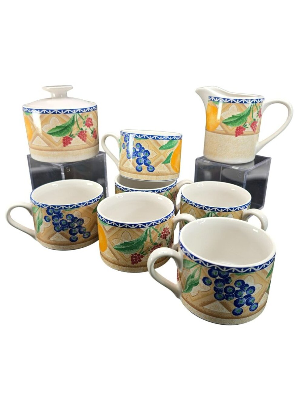 Sango Delight Ceramic Fruit-Themed Mugs Sugar Bowl & Creamer Set JJ3830